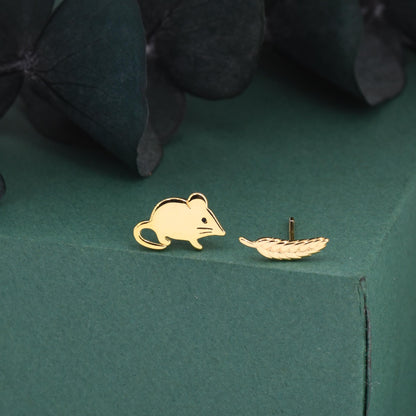 Sterling Silver Mouse & Wheat Stud Earrings – Cute Mismatched Shrew Earrings, Minimalist Farm Animal Jewellery, Nature Inspired Gift for Her