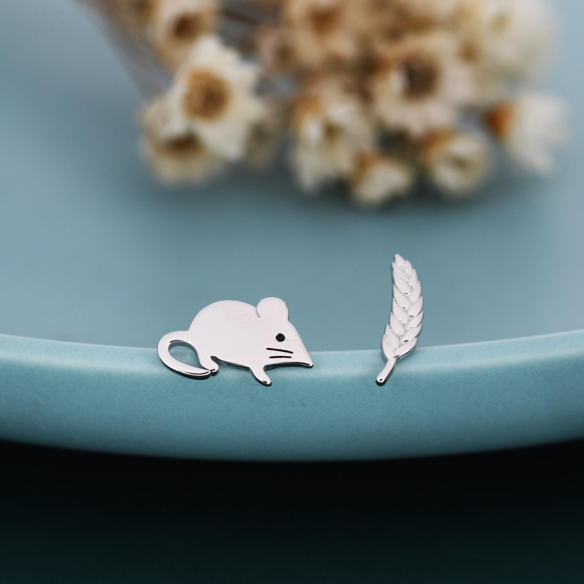 Sterling Silver Mouse & Wheat Stud Earrings – Cute Mismatched Shrew Earrings, Minimalist Farm Animal Jewellery, Nature Inspired Gift for Her