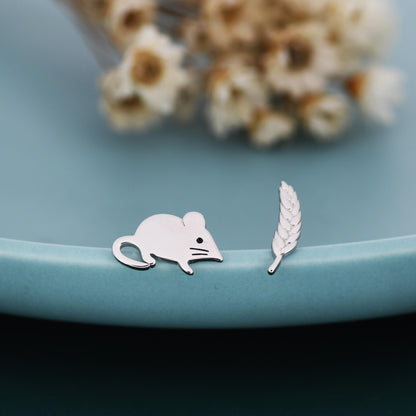Sterling Silver Mouse & Wheat Stud Earrings – Cute Mismatched Shrew Earrings, Minimalist Farm Animal Jewellery, Nature Inspired Gift for Her