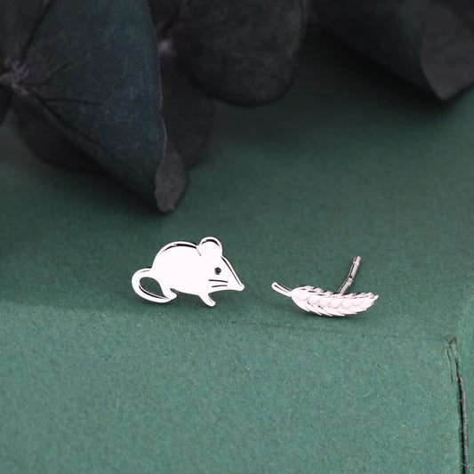 Sterling Silver Mouse & Wheat Stud Earrings – Cute Mismatched Shrew Earrings, Minimalist Farm Animal Jewellery, Nature Inspired Gift for Her