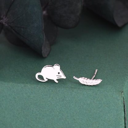 Sterling Silver Mouse & Wheat Stud Earrings – Cute Mismatched Shrew Earrings, Minimalist Farm Animal Jewellery, Nature Inspired Gift for Her