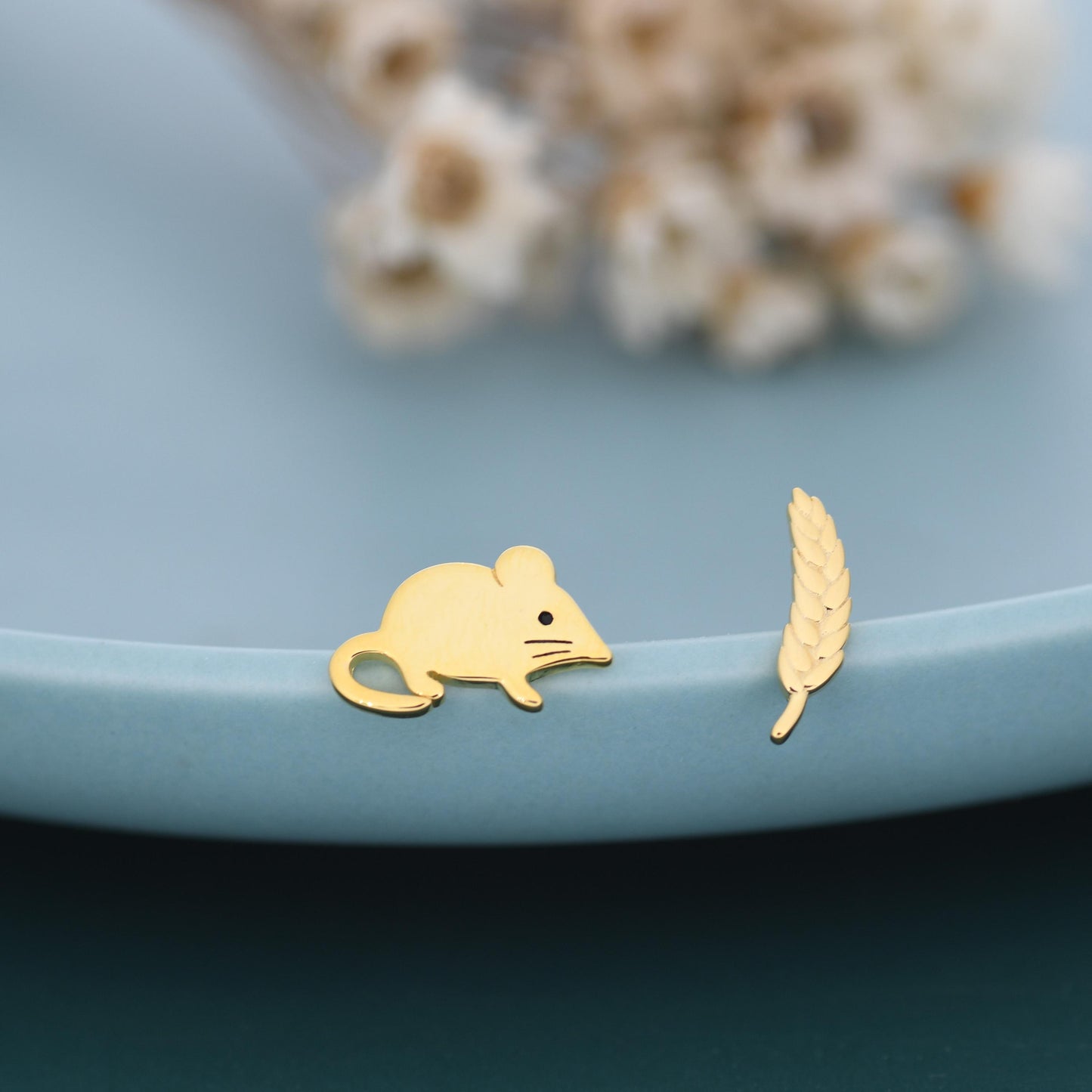 Sterling Silver Mouse & Wheat Stud Earrings – Cute Mismatched Shrew Earrings, Minimalist Farm Animal Jewellery, Nature Inspired Gift for Her