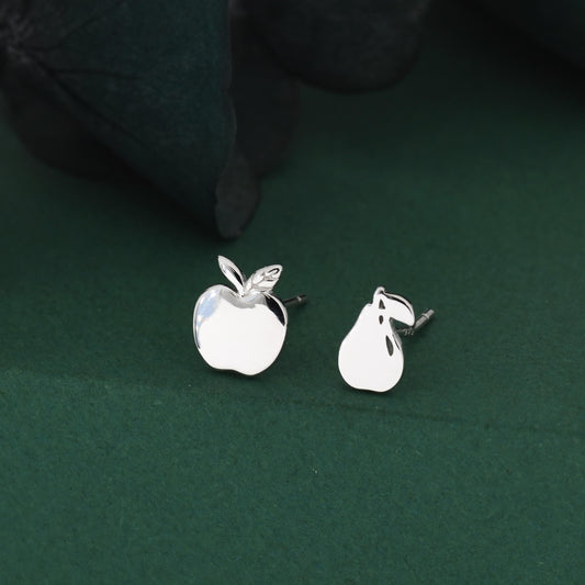 Mismatched Sterling Silver Apple & Pear Stud Earrings – Minimalist Fruit Asymmetric Earrings, Cute Nature Jewellery, Playful Gift for Her