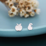 Mismatched Sterling Silver Apple & Pear Stud Earrings – Minimalist Fruit Asymmetric Earrings, Cute Nature Jewellery, Playful Gift for Her