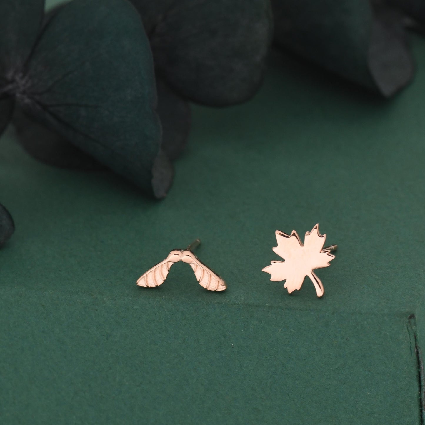 Mismatched Maple Seed & Maple Leaf Stud Earrings In Sterling Silver – Nature Inspired Asymmetric Sycamore Earrings, Botanical Jewellery