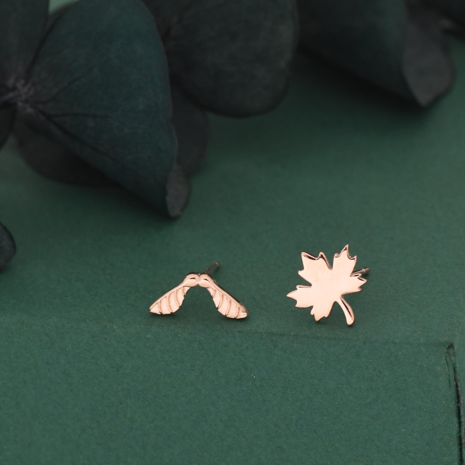 Mismatched Maple Seed & Maple Leaf Stud Earrings In Sterling Silver – Nature Inspired Asymmetric Sycamore Earrings, Botanical Jewellery
