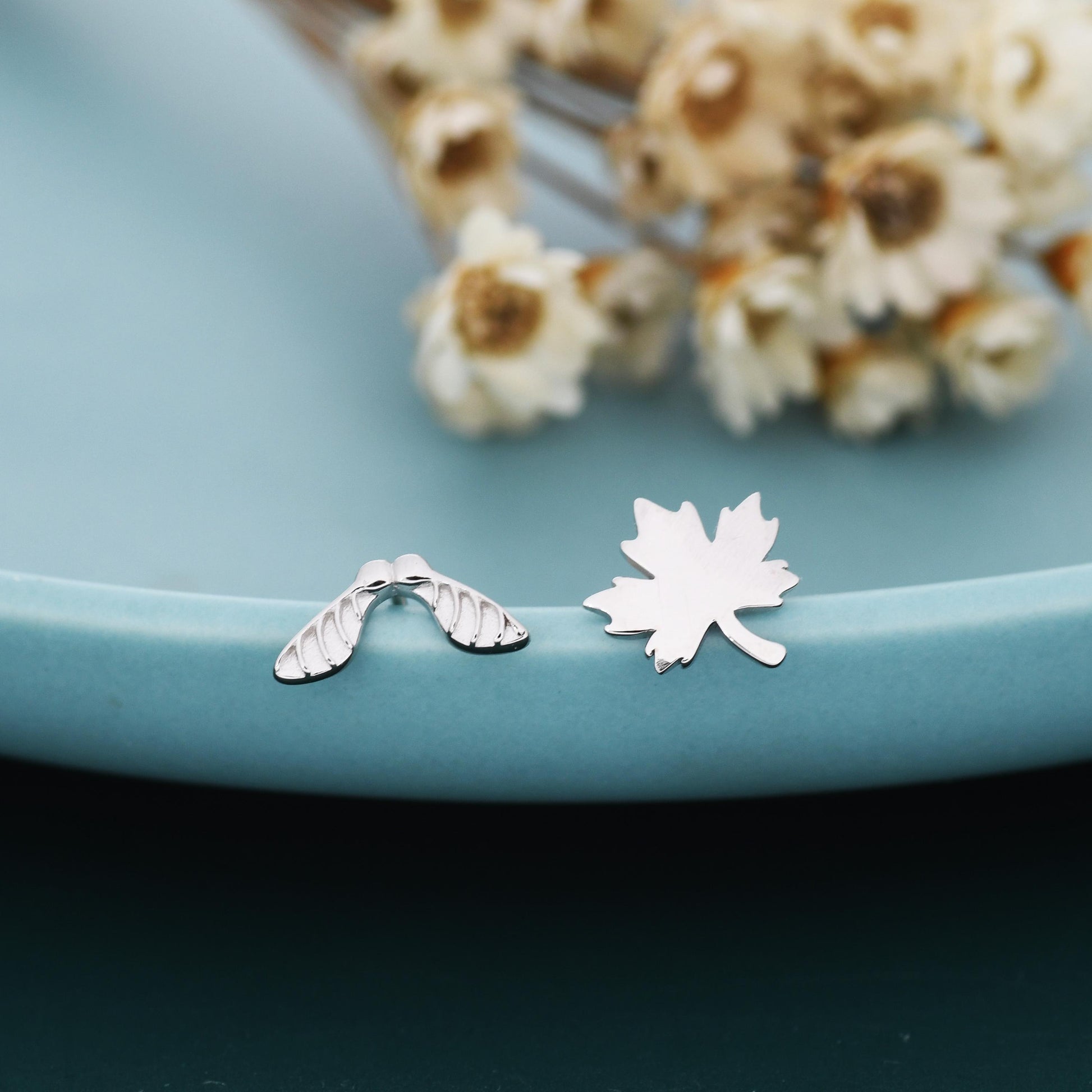 Mismatched Maple Seed & Maple Leaf Stud Earrings In Sterling Silver – Nature Inspired Asymmetric Sycamore Earrings, Botanical Jewellery
