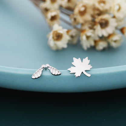 Mismatched Maple Seed & Maple Leaf Stud Earrings In Sterling Silver – Nature Inspired Asymmetric Sycamore Earrings, Botanical Jewellery