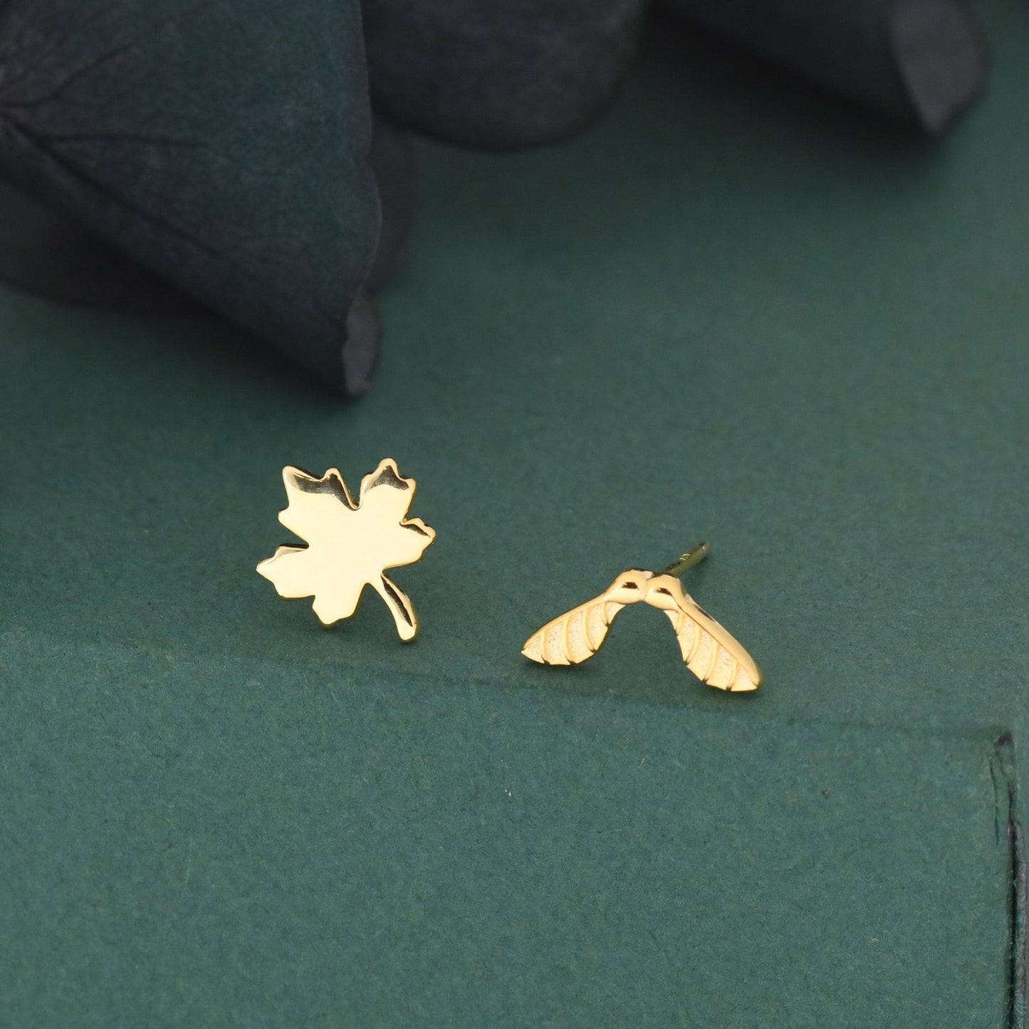 Mismatched Maple Seed & Maple Leaf Stud Earrings In Sterling Silver – Nature Inspired Asymmetric Sycamore Earrings, Botanical Jewellery