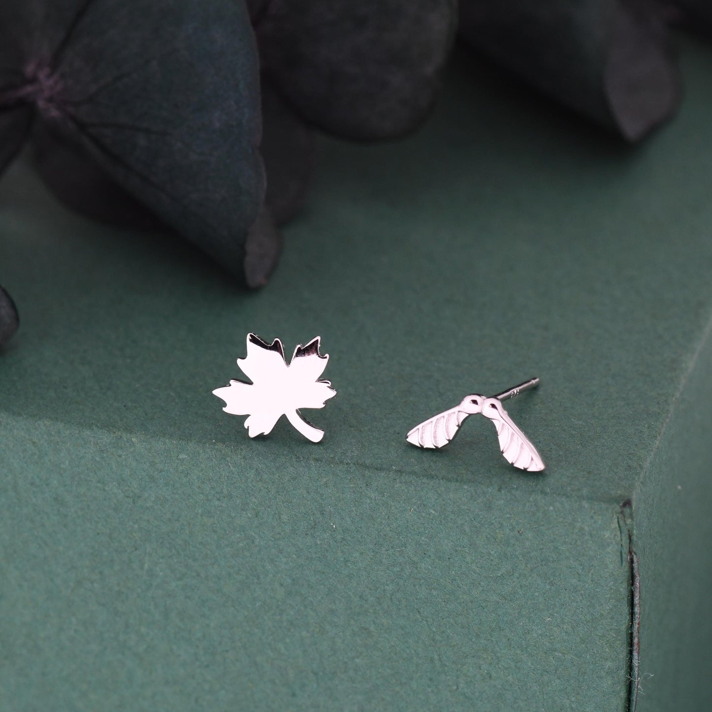 Mismatched Maple Seed & Maple Leaf Stud Earrings In Sterling Silver – Nature Inspired Asymmetric Sycamore Earrings, Botanical Jewellery