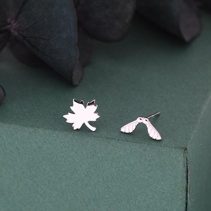 Mismatched Maple Seed & Maple Leaf Stud Earrings In Sterling Silver – Nature Inspired Asymmetric Sycamore Earrings, Botanical Jewellery