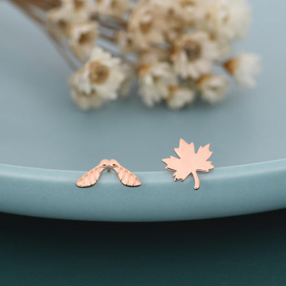 Mismatched Maple Seed & Maple Leaf Stud Earrings In Sterling Silver – Nature Inspired Asymmetric Sycamore Earrings, Botanical Jewellery