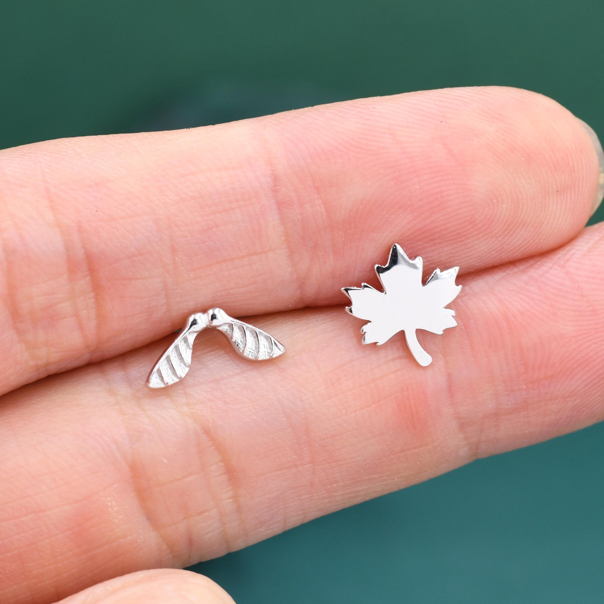 Mismatched Maple Seed & Maple Leaf Stud Earrings In Sterling Silver – Nature Inspired Asymmetric Sycamore Earrings, Botanical Jewellery
