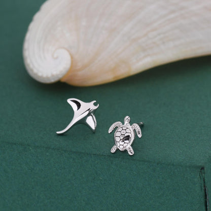 Sterling Silver Manta Ray & Sea Turtle Stud Earrings – Ocean Animal Mismatched Earrings, Minimalist Marine Life Jewellery, Beach Lover Gift
