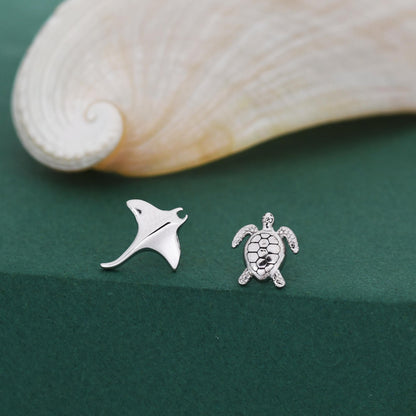 Sterling Silver Manta Ray & Sea Turtle Stud Earrings – Ocean Animal Mismatched Earrings, Minimalist Marine Life Jewellery, Beach Lover Gift