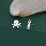 Sterling Silver Octopus & Squid Stud Earrings – Ocean Animal Mismatched Earrings, Minimalist Sea Creature Jewellery, Marine Life Lovers