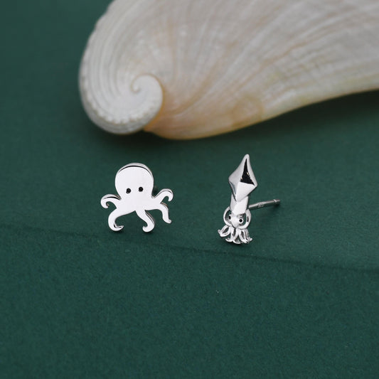 Sterling Silver Octopus & Squid Stud Earrings – Ocean Animal Mismatched Earrings, Minimalist Sea Creature Jewellery, Marine Life Lovers