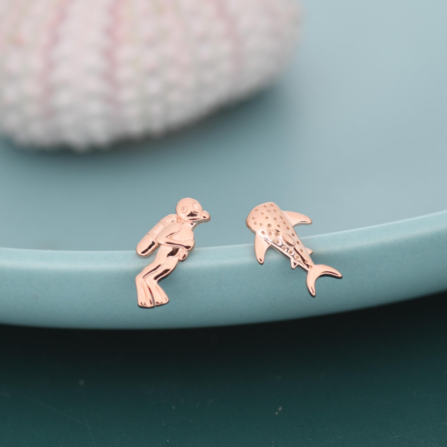 Mismatched Scuba Diver & Whale Shark Stud Earrings In Sterling Silver – Ocean Inspired Asymmetric Earrings, Minimalist Sea Life Jewellery