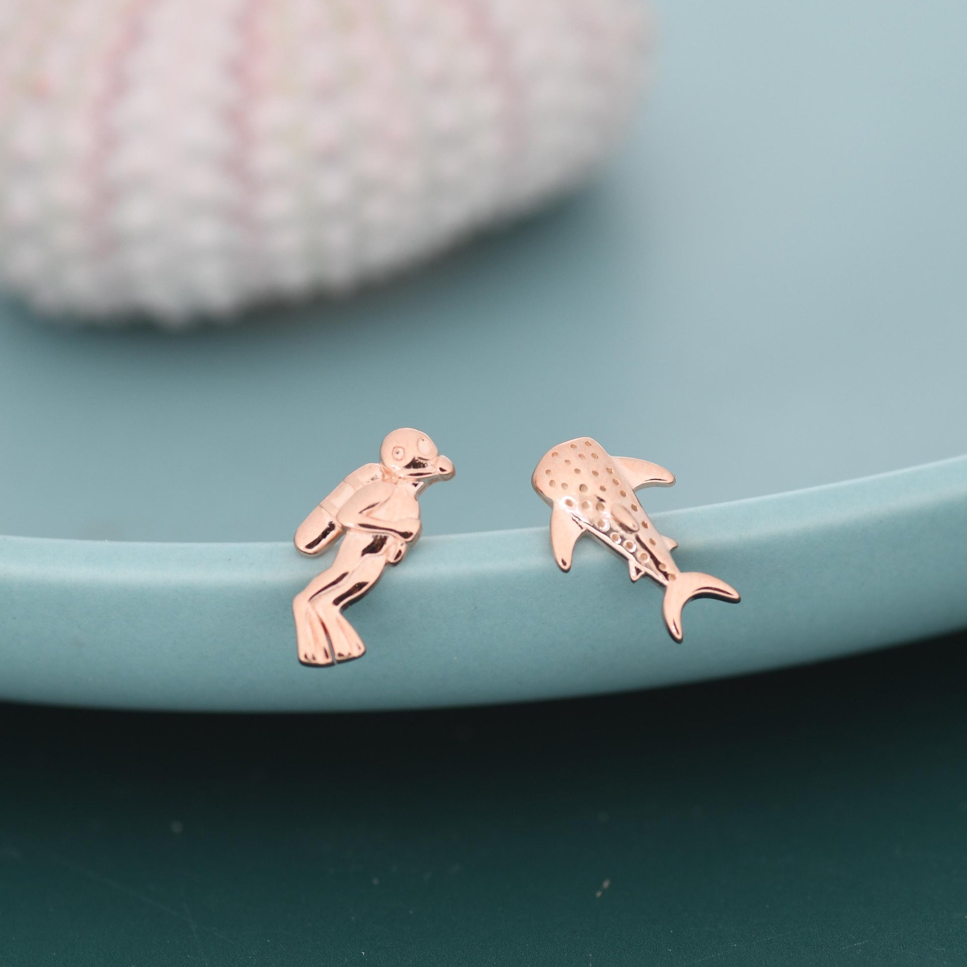 Mismatched Scuba Diver & Whale Shark Stud Earrings In Sterling Silver – Ocean Inspired Asymmetric Earrings, Minimalist Sea Life Jewellery