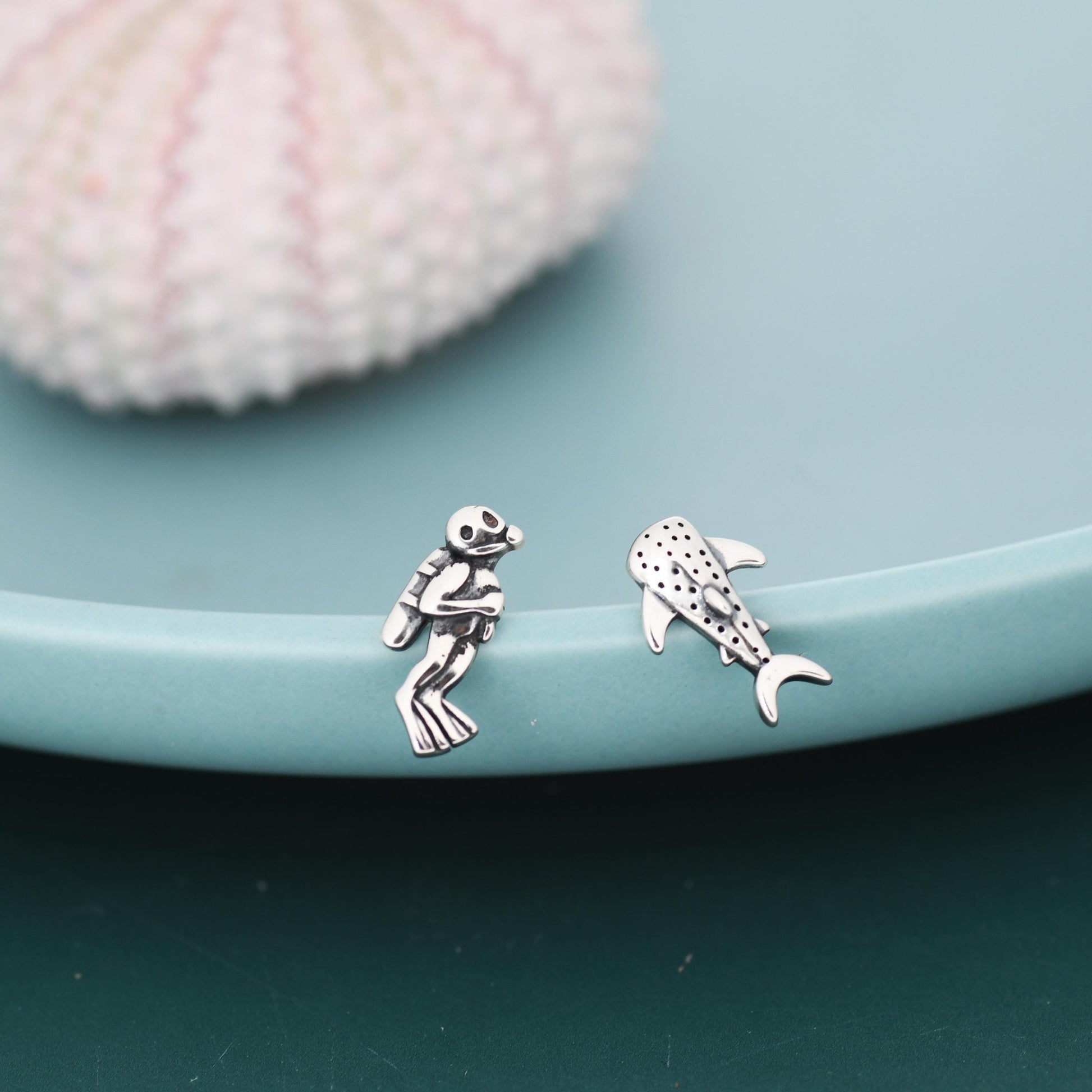 Mismatched Scuba Diver & Whale Shark Stud Earrings In Sterling Silver – Ocean Inspired Asymmetric Earrings, Minimalist Sea Life Jewellery
