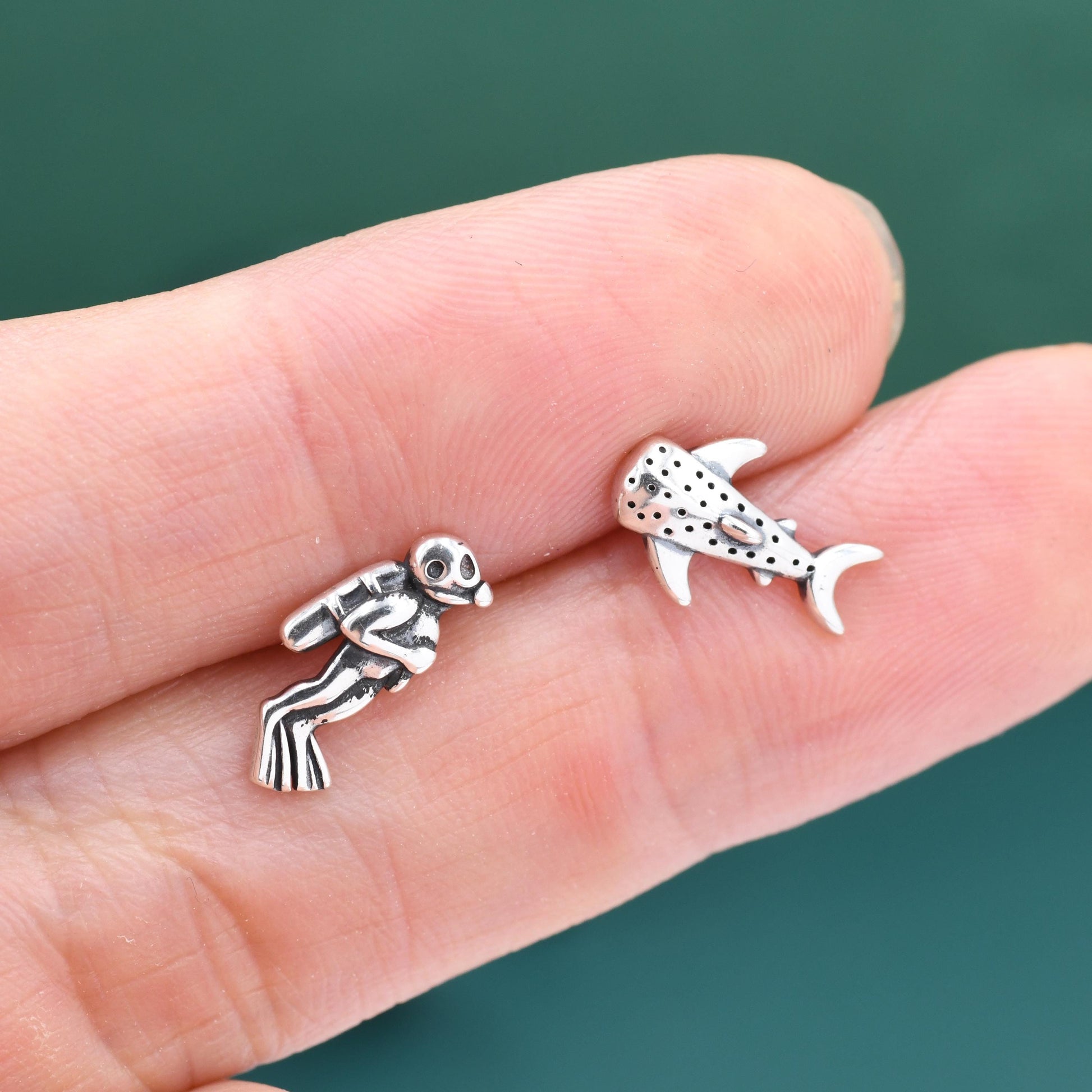 Mismatched Scuba Diver & Whale Shark Stud Earrings In Sterling Silver – Ocean Inspired Asymmetric Earrings, Minimalist Sea Life Jewellery