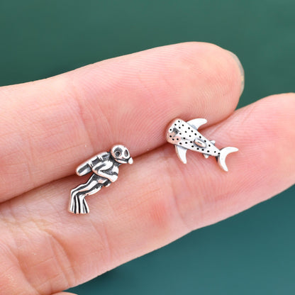 Mismatched Scuba Diver & Whale Shark Stud Earrings In Sterling Silver – Ocean Inspired Asymmetric Earrings, Minimalist Sea Life Jewellery