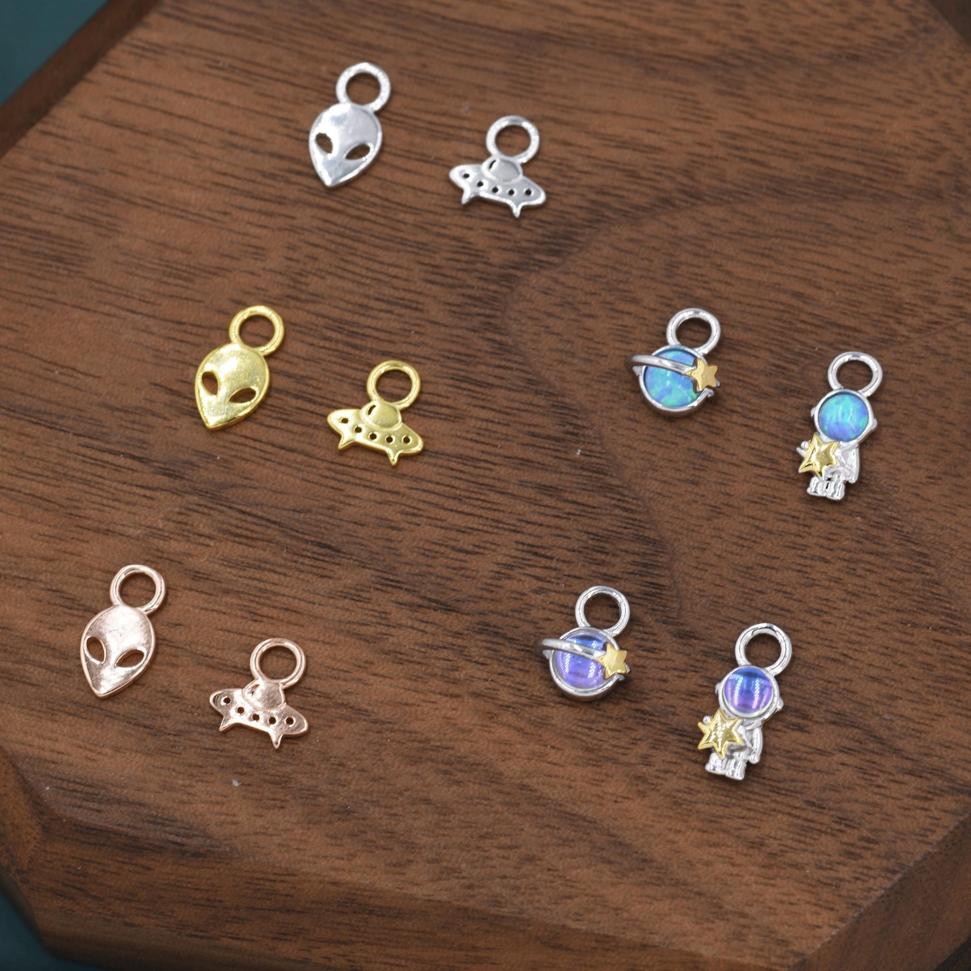 Mismatched Pair of Extraterrestrial Charms for Huggie Hoops in Sterling Silver, Alien and Spaceship Charms, Silver, Gold or Rose Gold Finish