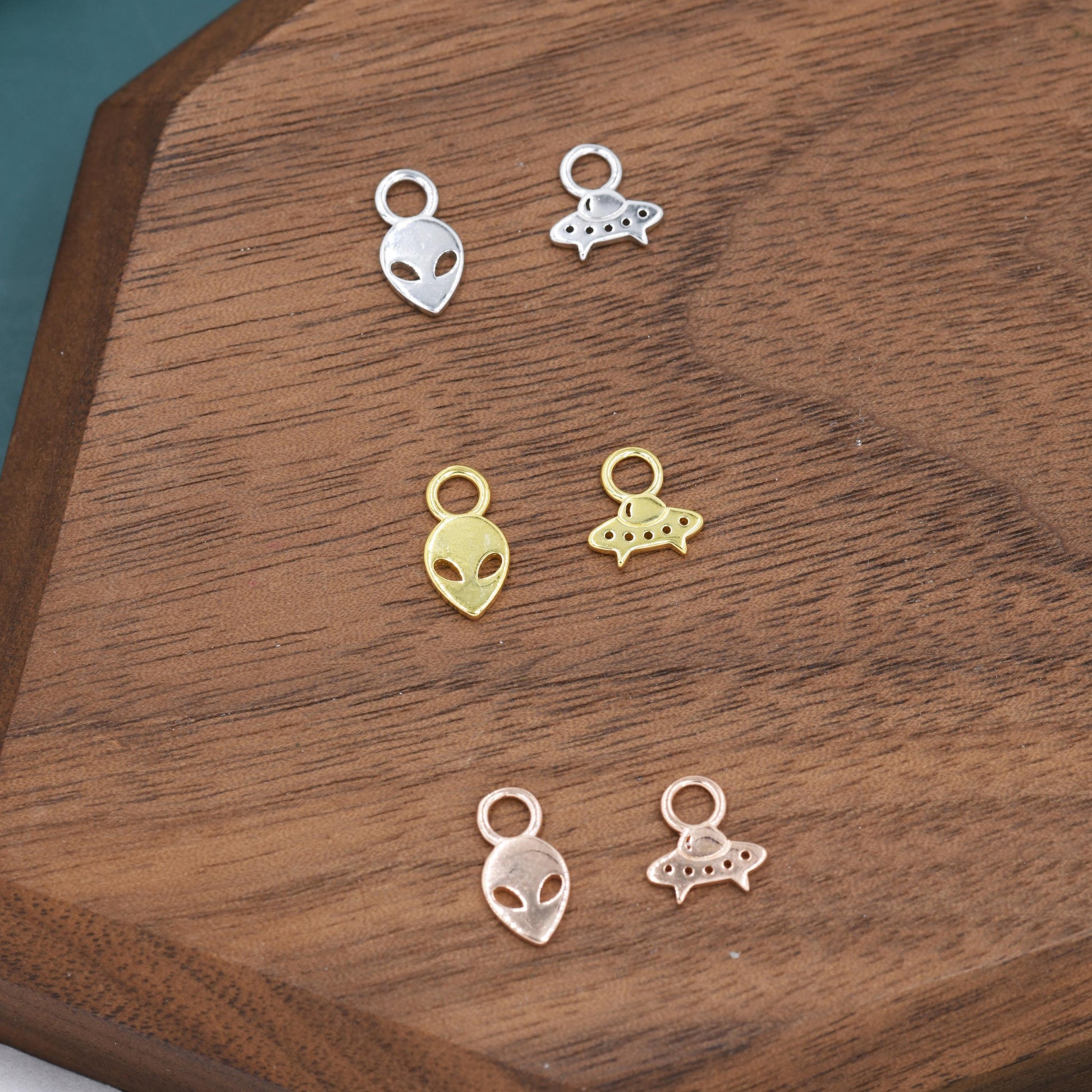 Mismatched Pair of Extraterrestrial Charms for Huggie Hoops in Sterling Silver, Alien and Spaceship Charms, Silver, Gold or Rose Gold Finish