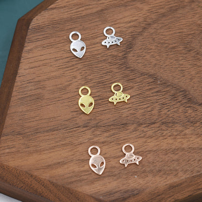 Mismatched Pair of Extraterrestrial Charms for Huggie Hoops in Sterling Silver, Alien and Spaceship Charms, Silver, Gold or Rose Gold Finish