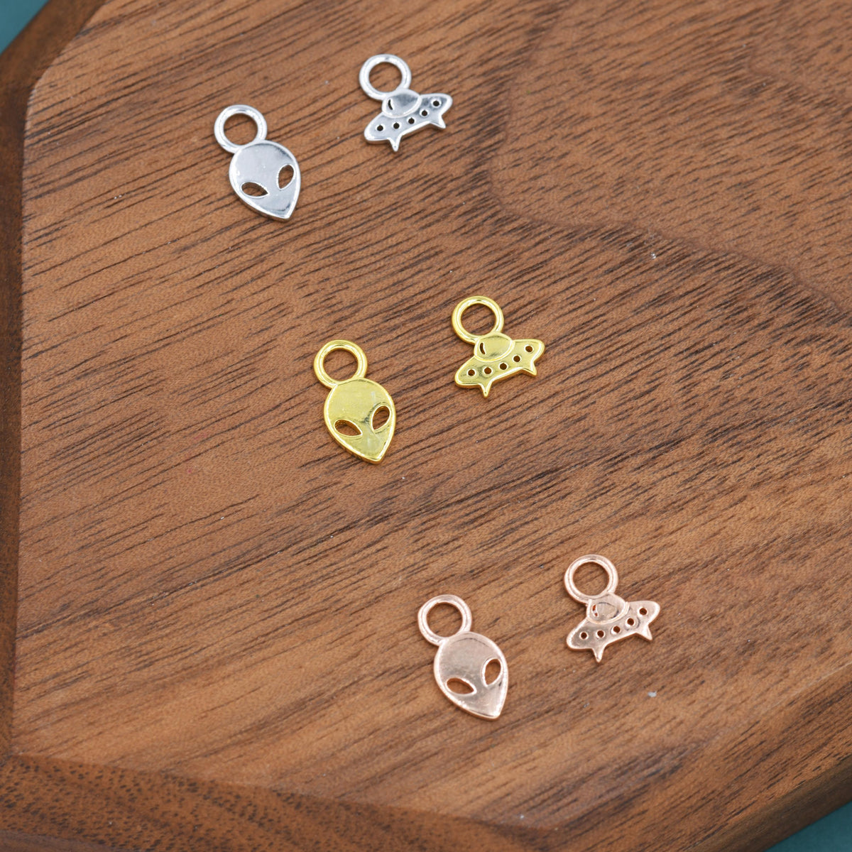 Mismatched Pair of Extraterrestrial Charms for Huggie Hoops in Sterling Silver, Alien and Spaceship Charms, Silver, Gold or Rose Gold Finish
