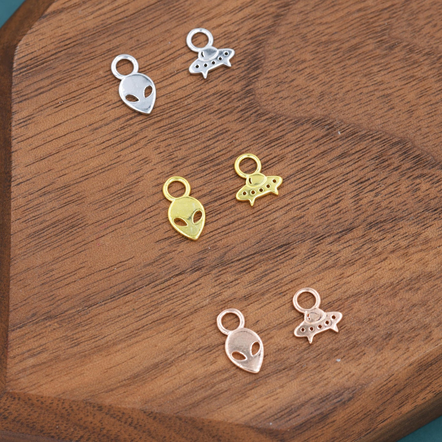 Mismatched Pair of Extraterrestrial Charms for Huggie Hoops in Sterling Silver, Alien and Spaceship Charms, Silver, Gold or Rose Gold Finish