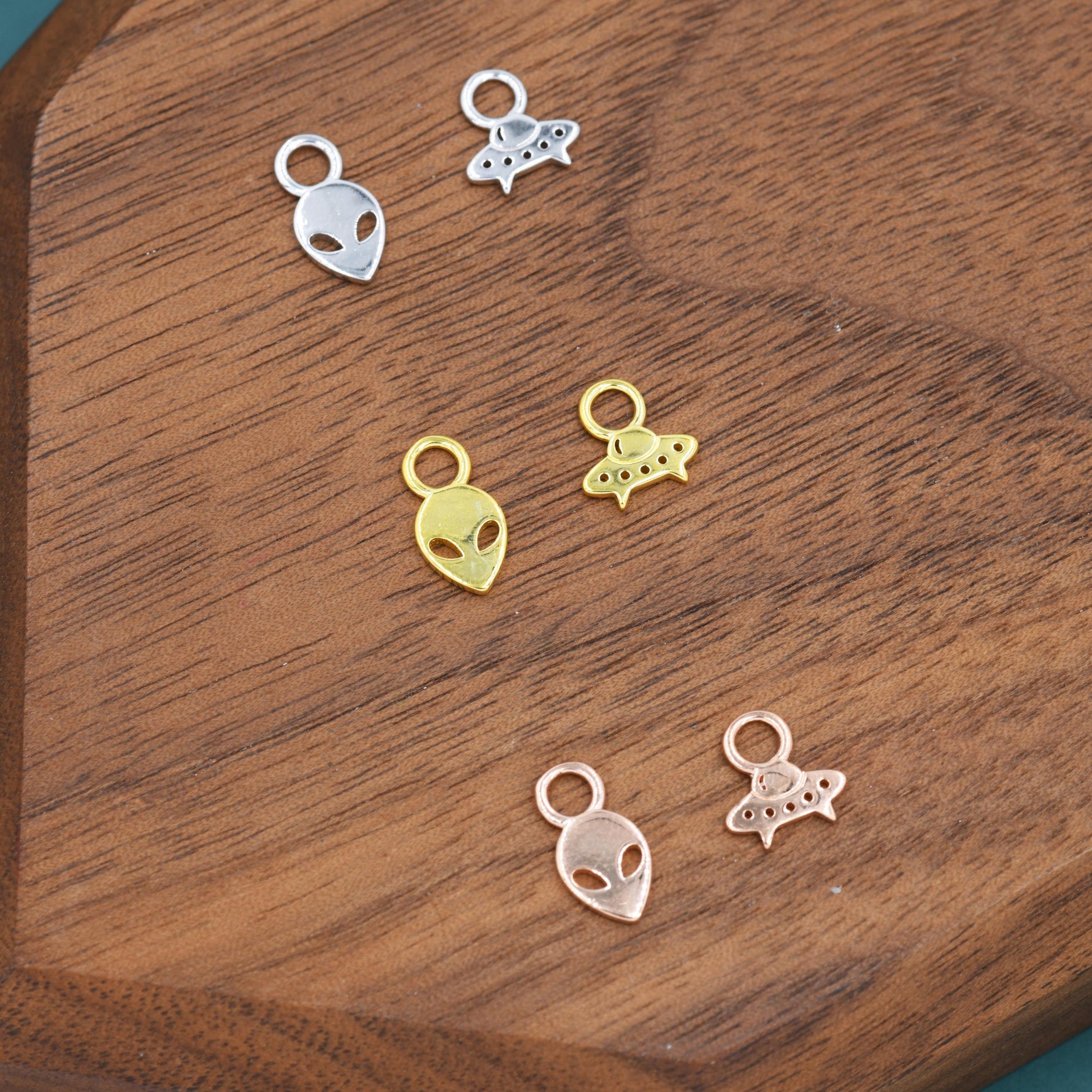 Mismatched Pair of Extraterrestrial Charms for Huggie Hoops in Sterling Silver, Alien and Spaceship Charms, Silver, Gold or Rose Gold Finish