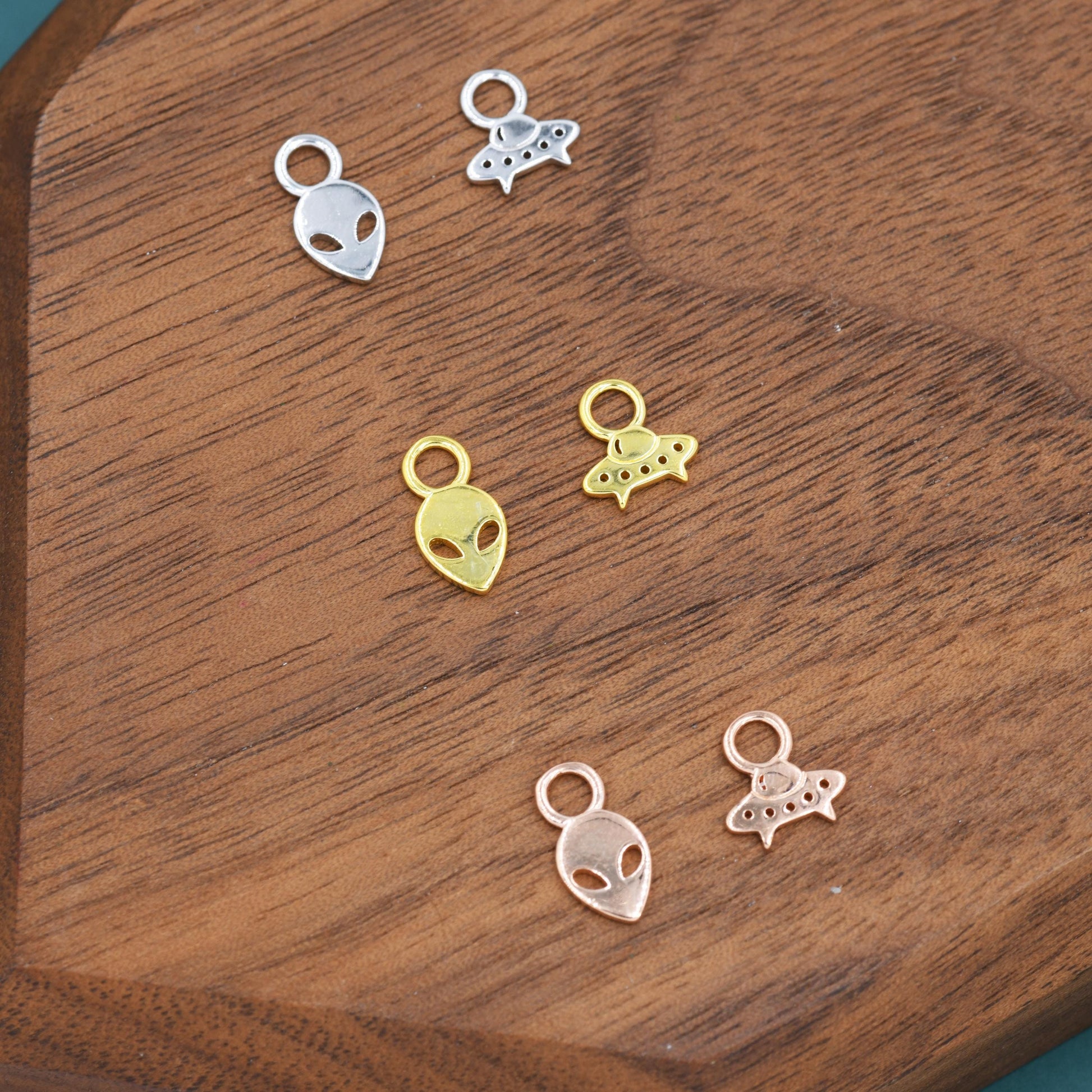 Mismatched Pair of Extraterrestrial Charms for Huggie Hoops in Sterling Silver, Alien and Spaceship Charms, Silver, Gold or Rose Gold Finish