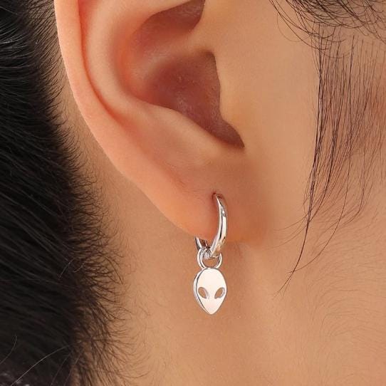 Mismatched Pair of Extraterrestrial Charms for Huggie Hoops in Sterling Silver, Alien and Spaceship Charms, Silver, Gold or Rose Gold Finish