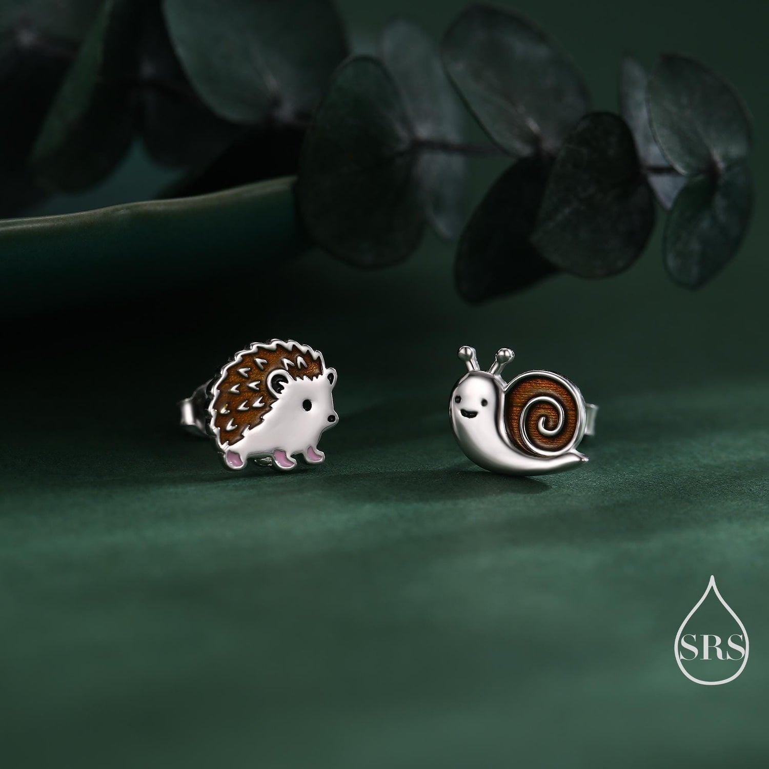 Mismatched Hedgehog and Snail Stud Earrings in Sterling Silver, Woodland Hedgehog Earrings, Nature Inspired Animal Earrings, Asymmetric