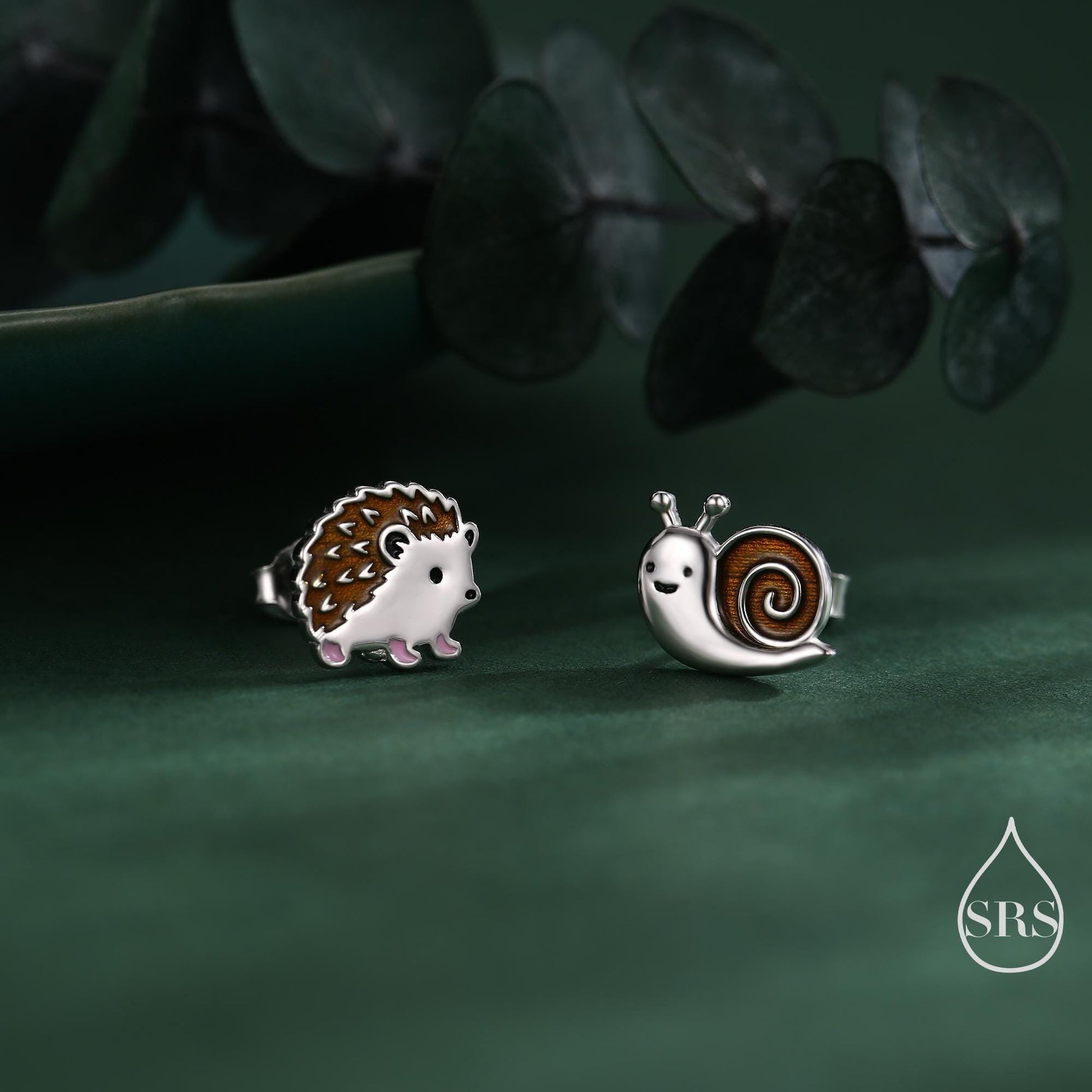 Mismatched Hedgehog and Snail Stud Earrings in Sterling Silver, Woodland Hedgehog Earrings, Nature Inspired Animal Earrings, Asymmetric