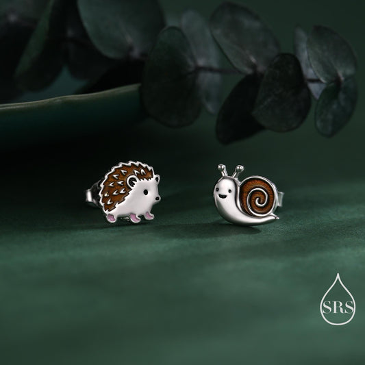 Mismatched Hedgehog and Snail Stud Earrings in Sterling Silver, Woodland Hedgehog Earrings, Nature Inspired Animal Earrings, Asymmetric