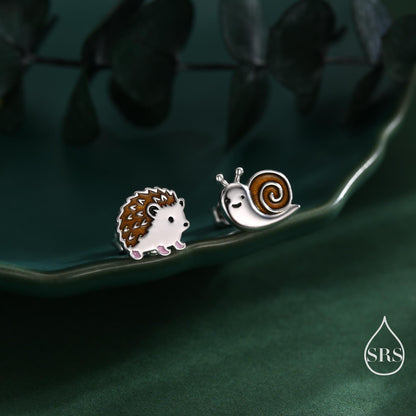 Mismatched Hedgehog and Snail Stud Earrings in Sterling Silver, Woodland Hedgehog Earrings, Nature Inspired Animal Earrings, Asymmetric