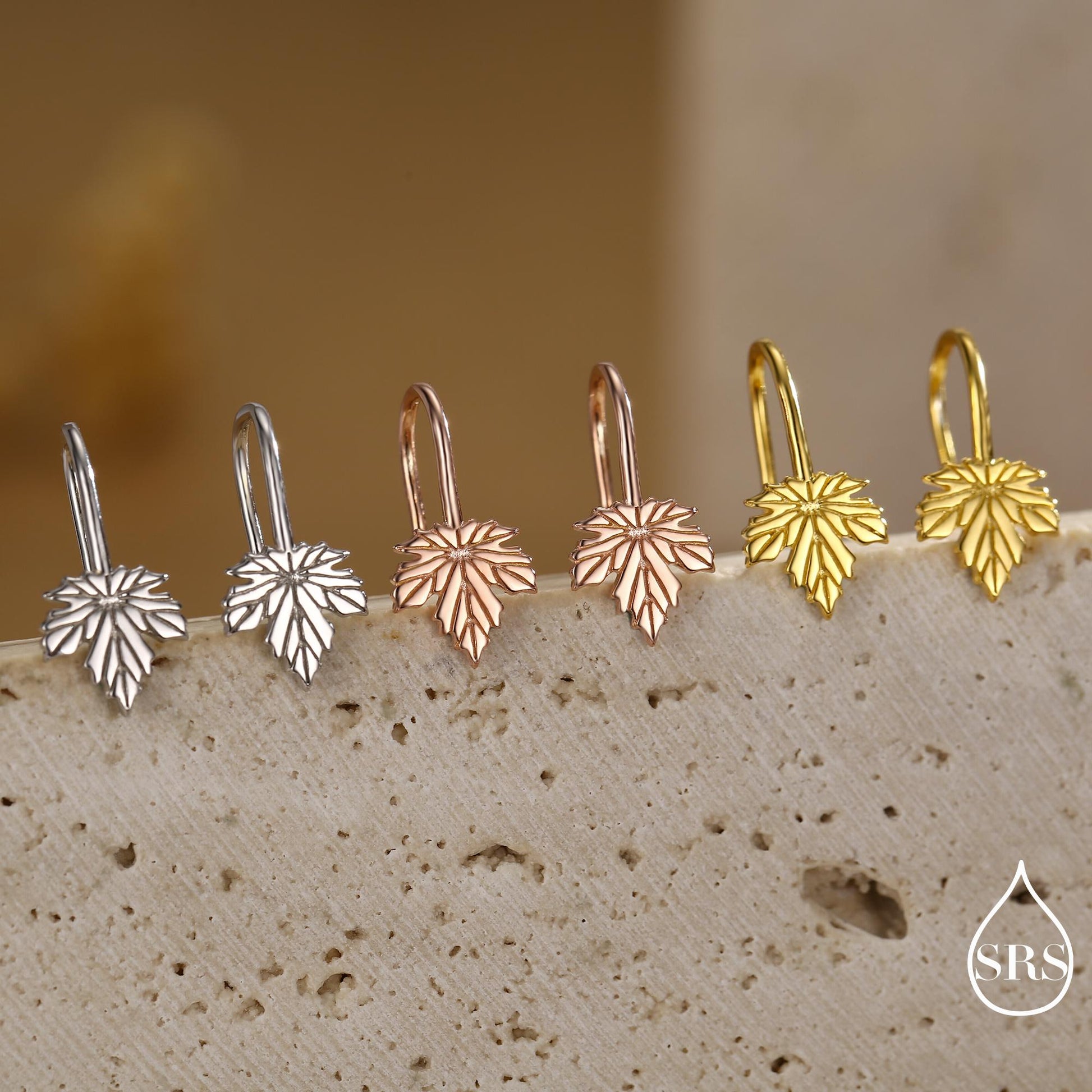 Dainty Maple Leaf Drop Hook Earrings in Sterling Silver, Silver, Gold or Rose Gold, Pretty Maple Earrings, Autumn Earrings