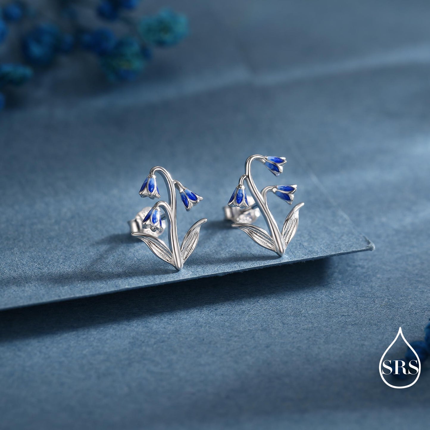 Sterling Silver Delicate Bluebell Flower Stud Earrings with Enamel, Dainty Bluebell Flower Earrings, Snowdrop Earrings, Spring Flowers