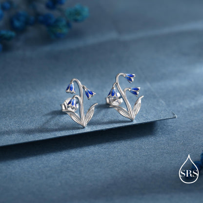 Sterling Silver Delicate Bluebell Flower Stud Earrings with Enamel, Dainty Bluebell Flower Earrings, Snowdrop Earrings, Spring Flowers