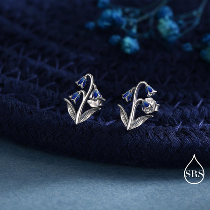 Sterling Silver Delicate Bluebell Flower Stud Earrings with Enamel, Dainty Bluebell Flower Earrings, Snowdrop Earrings, Spring Flowers