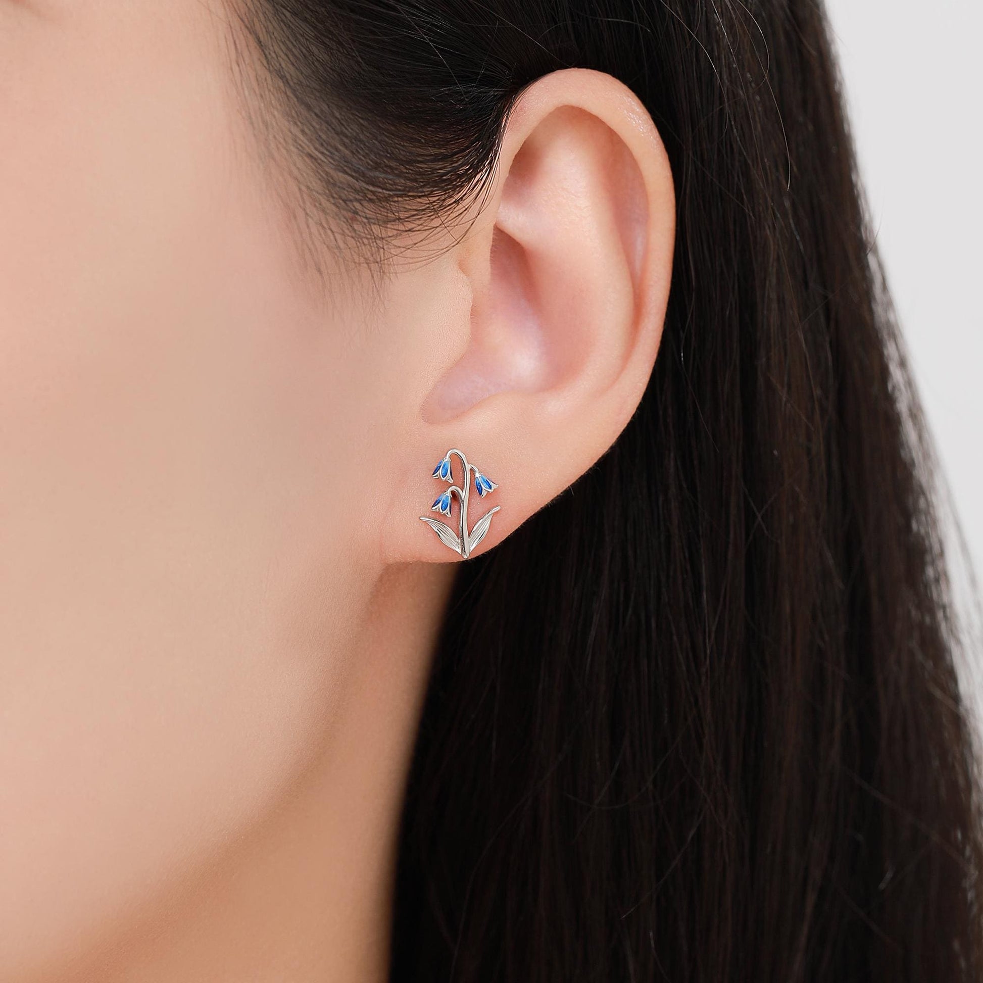 Sterling Silver Delicate Bluebell Flower Stud Earrings with Enamel, Dainty Bluebell Flower Earrings, Snowdrop Earrings, Spring Flowers