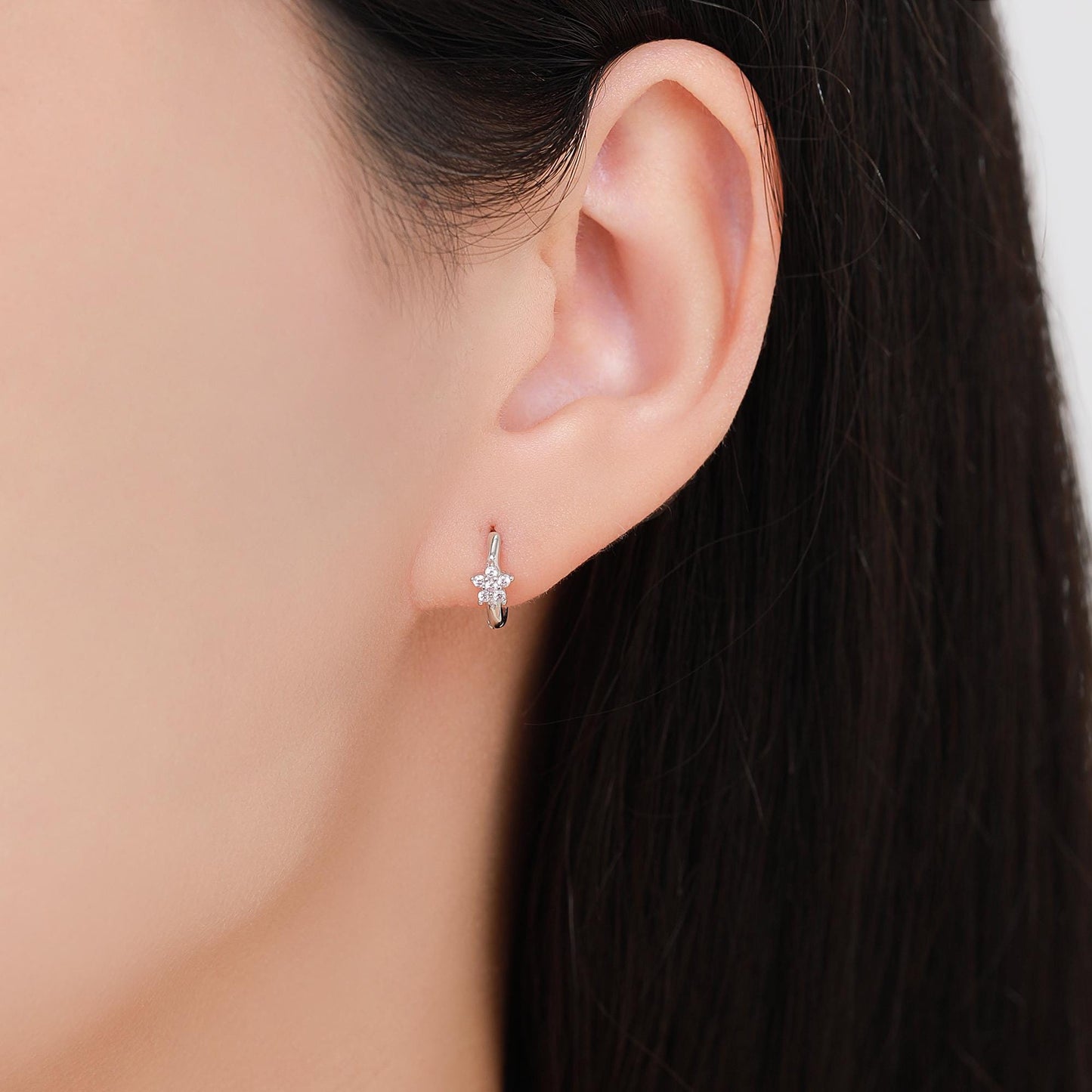 Pale Pink CZ Flower Huggie Hoops, CZ Hoop Earrings, Crystal Flower Huggie Earrings, Pink Hoop Earrings