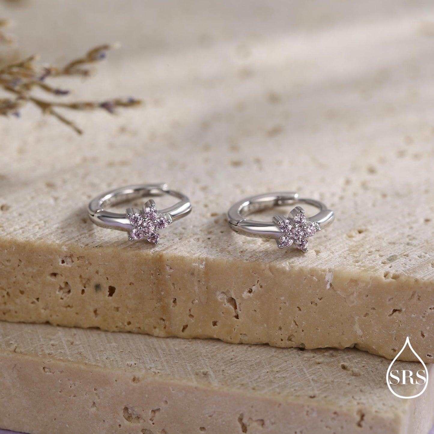 Pale Pink CZ Flower Huggie Hoops, CZ Hoop Earrings, Crystal Flower Huggie Earrings, Pink Hoop Earrings