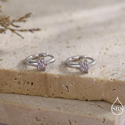 Pale Pink CZ Flower Huggie Hoops, CZ Hoop Earrings, Crystal Flower Huggie Earrings, Pink Hoop Earrings