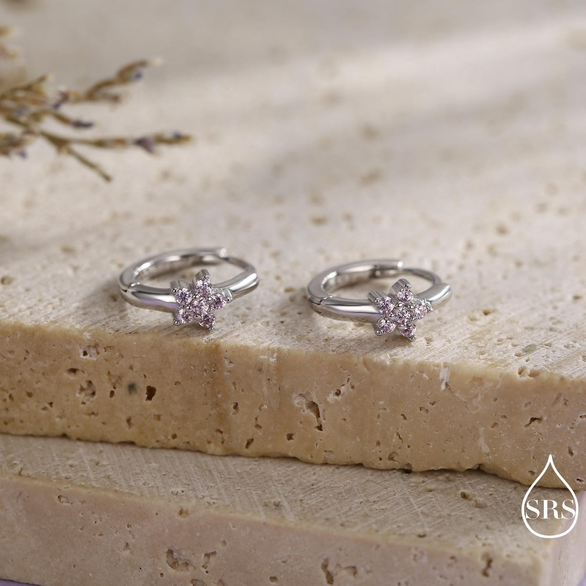 Pale Pink CZ Flower Huggie Hoops, CZ Hoop Earrings, Crystal Flower Huggie Earrings, Pink Hoop Earrings