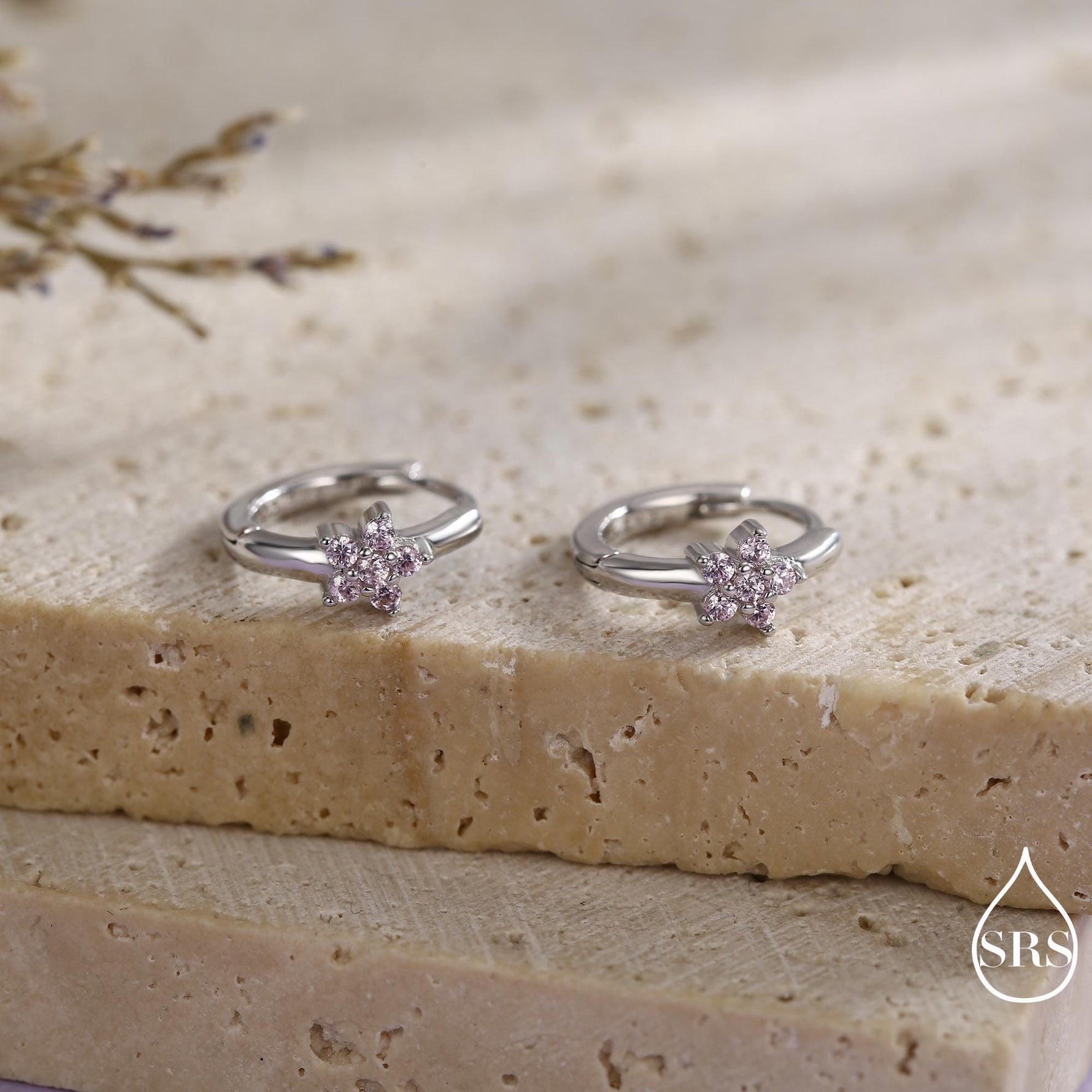 Pale Pink CZ Flower Huggie Hoops, CZ Hoop Earrings, Crystal Flower Huggie Earrings, Pink Hoop Earrings