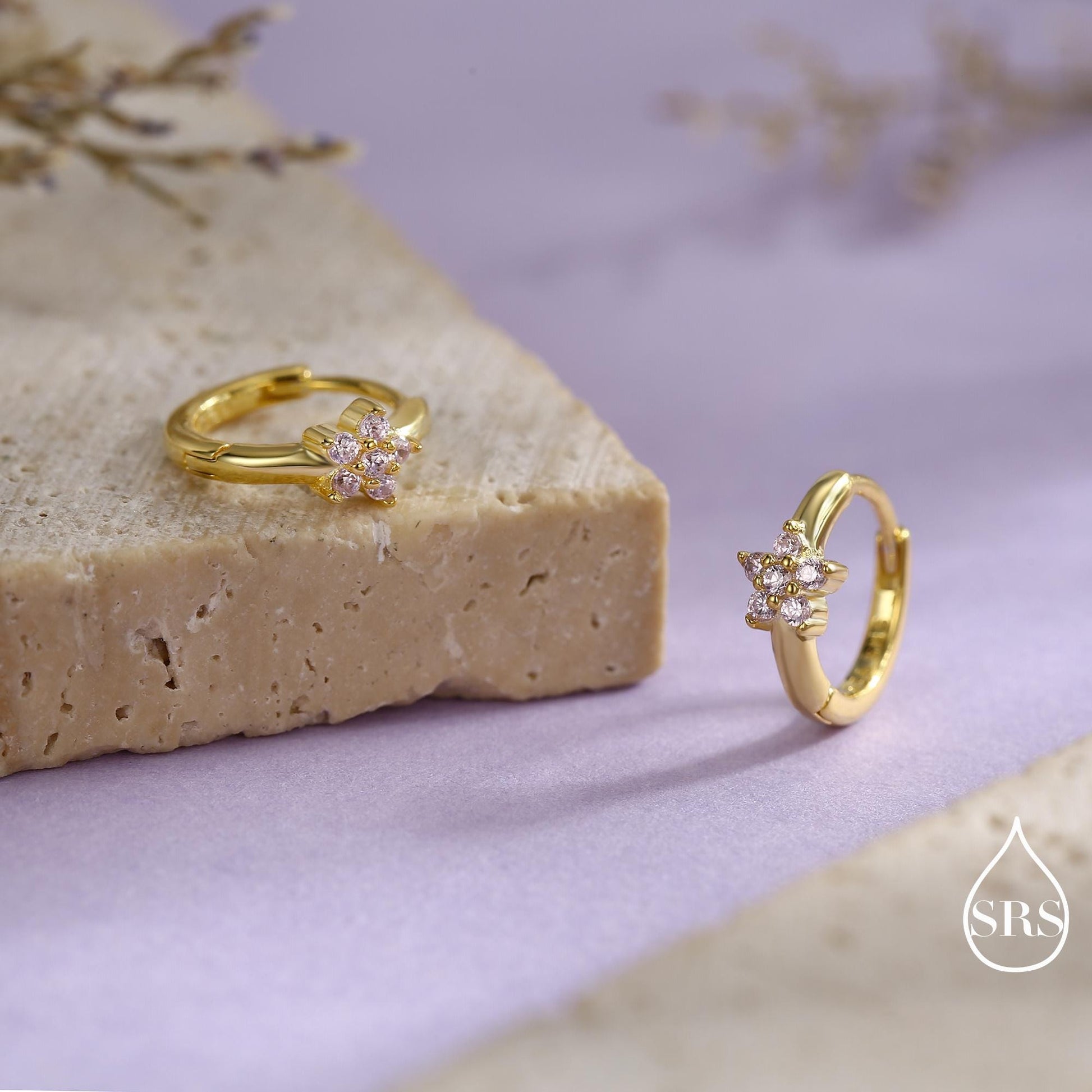 Pale Pink CZ Flower Huggie Hoops, CZ Hoop Earrings, Crystal Flower Huggie Earrings, Pink Hoop Earrings