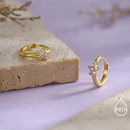 Pale Pink CZ Flower Huggie Hoops, CZ Hoop Earrings, Crystal Flower Huggie Earrings, Pink Hoop Earrings